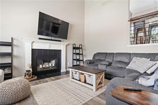 109 NW Whitlock Dr, Lees Summit, MO 64081 - living room featuring wood finished floors and a tile fireplace