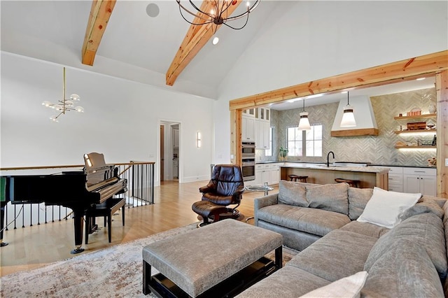 2144 W 89th Ter, Leawood, KS 66206 - living area featuring a chandelier, light wood finished floors, high vaulted ceiling, and beamed ceiling