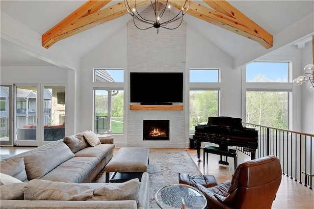2144 W 89th Ter, Leawood, KS 66206 - living area featuring a chandelier, high vaulted ceiling, beamed ceiling, wood finished floors, and healthy amount of natural light