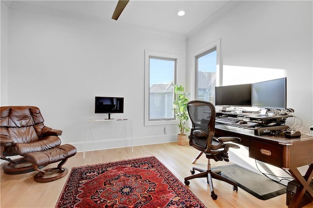 2144 W 89th Ter, Leawood, KS 66206 - office area featuring wood finished floors, ornamental molding, and recessed lighting