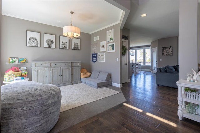 25096 W 87th St, Lenexa, KS 66227 - bedroom featuring dark wood-style floors, ornamental molding, a chandelier, and recessed lighting