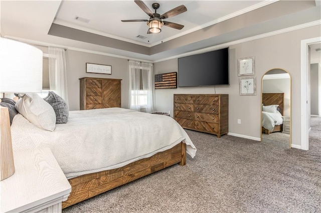 25096 W 87th St, Lenexa, KS 66227 - bedroom with carpet, a tray ceiling, ornamental molding, ceiling fan, and arched walkways