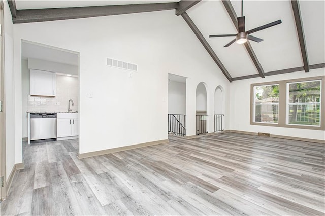 804 NW N Summit Cir, Blue Springs, MO 64015 - unfurnished living room with a ceiling fan, high vaulted ceiling, beamed ceiling, and light wood-type flooring