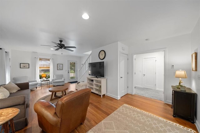 2017 W 48th St, Westwood, KS 66205 - living area featuring ceiling fan, wood finished floors, recessed lighting, and stairway