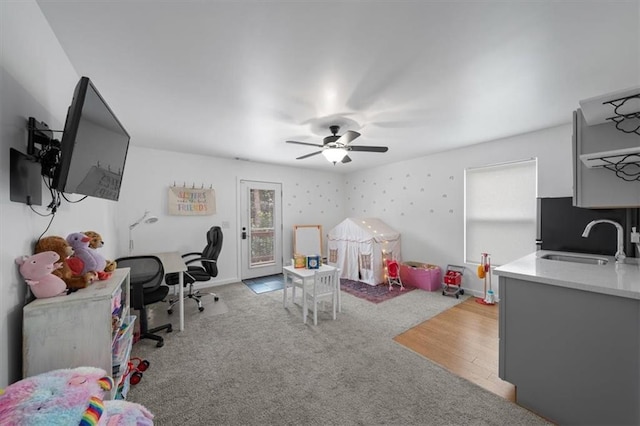 2017 W 48th St, Westwood, KS 66205 - rec room featuring ceiling fan and carpet flooring