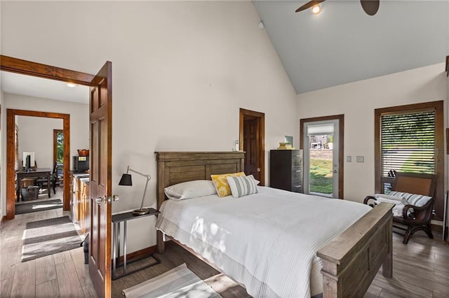 1015 S Wyckford Rd, Olathe, KS 66061 - bedroom featuring high vaulted ceiling, wood finished floors, and ceiling fan