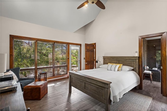 1015 S Wyckford Rd, Olathe, KS 66061 - bedroom featuring access to outside, high vaulted ceiling, wood finished floors, and ceiling fan