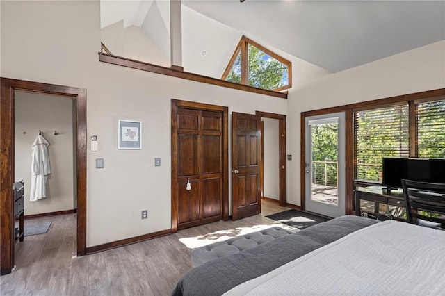 1015 S Wyckford Rd, Olathe, KS 66061 - bedroom featuring high vaulted ceiling, light wood-style flooring, and access to outside