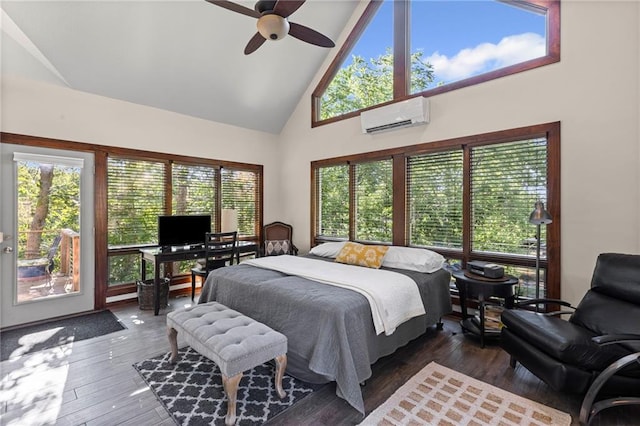 1015 S Wyckford Rd, Olathe, KS 66061 - bedroom with an AC wall unit, high vaulted ceiling, wood-type flooring, and ceiling fan