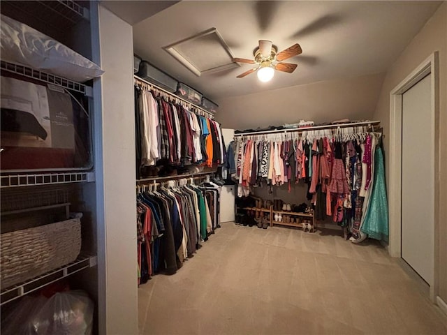 2006 Buckingham St, Saint Joseph, MO 64506 - walk in closet featuring a ceiling fan, carpet flooring, and attic access