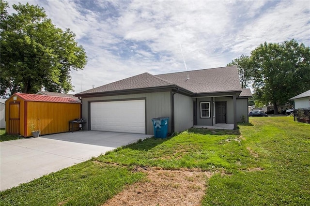 311 S 3rd St, Odessa, MO 64076 - view of front of home featuring a garage, concrete driveway, a front yard, and roof with shingles