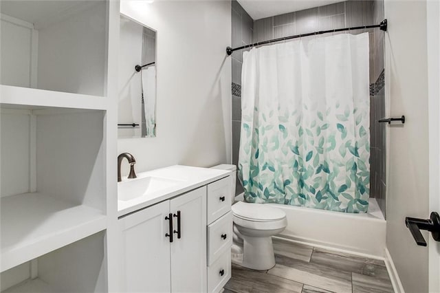 311 S 3rd St, Odessa, MO 64076 - bathroom featuring vanity, shower / bath combination with curtain, and wood finished floors