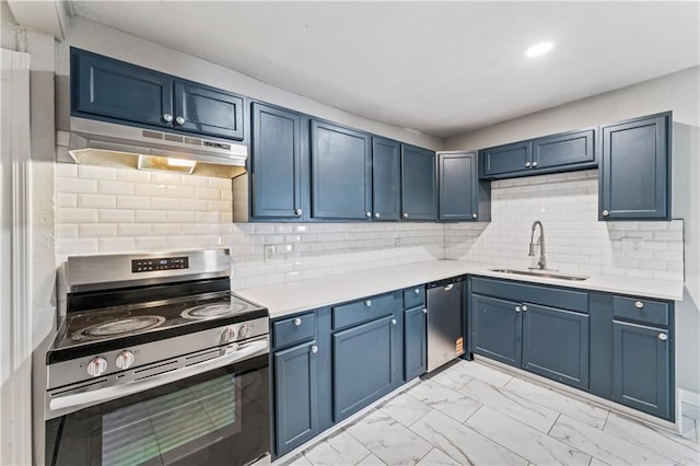 4320 E 43rd St, Kansas City, MO 64130 - kitchen with appliances with stainless steel finishes, under cabinet range hood, light marble finish flooring, light countertops, and blue cabinets
