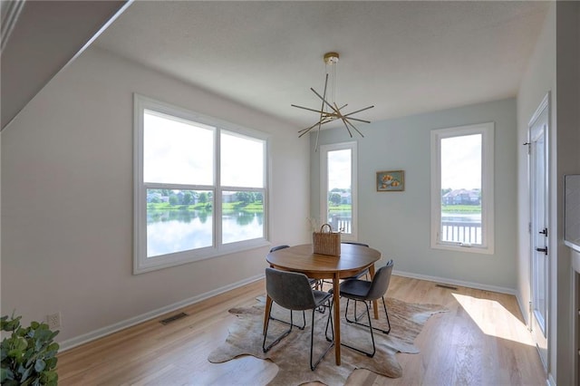 129 SE Chelsea Dr, Lees Summit, MO 64063 - dining space featuring light wood finished floors, a chandelier, and a water view