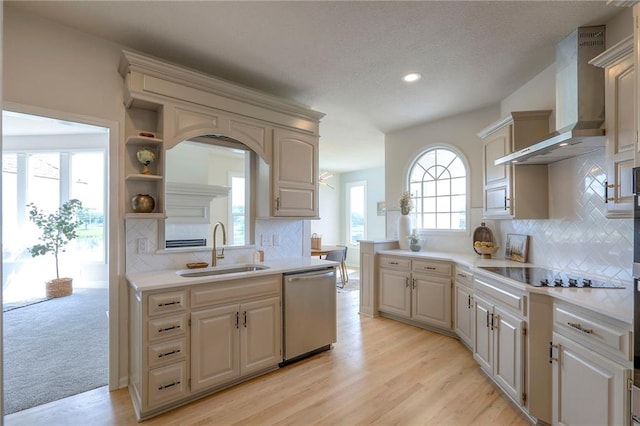 129 SE Chelsea Dr, Lees Summit, MO 64063 - kitchen with wall chimney range hood, light countertops, stainless steel dishwasher, decorative backsplash, and recessed lighting