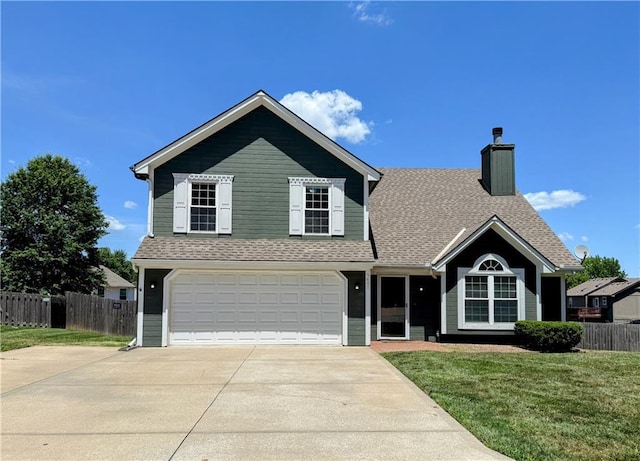 3605 NW Pier Ct, Blue Springs, MO 64015 - traditional home with concrete driveway, a garage, a chimney, and roof with shingles