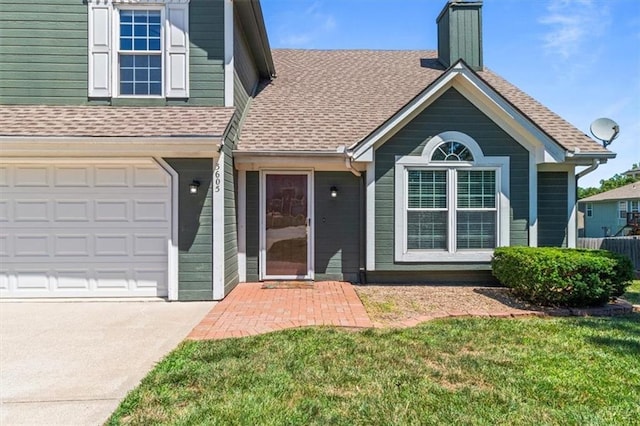 3605 NW Pier Ct, Blue Springs, MO 64015 - view of front of home with a chimney, concrete driveway, a front lawn, a garage, and roof with shingles