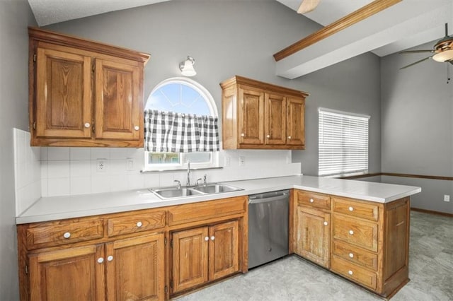 3605 NW Pier Ct, Blue Springs, MO 64015 - kitchen featuring stainless steel dishwasher, a peninsula, brown cabinets, tasteful backsplash, and a ceiling fan