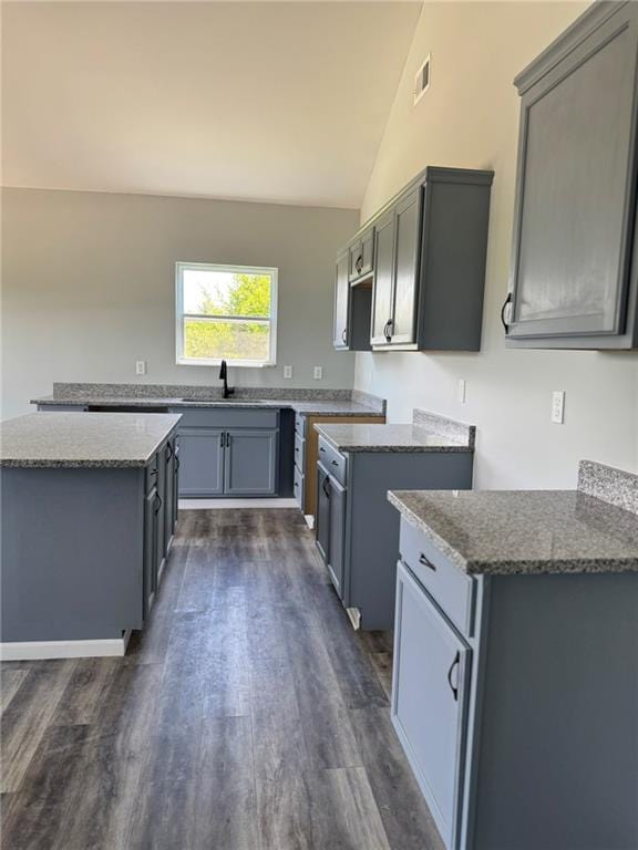 213 Bald Eagle Dr, La Cygne, KS 66040 - kitchen with dark wood-style floors, vaulted ceiling, stone counters, gray cabinets, and a kitchen island