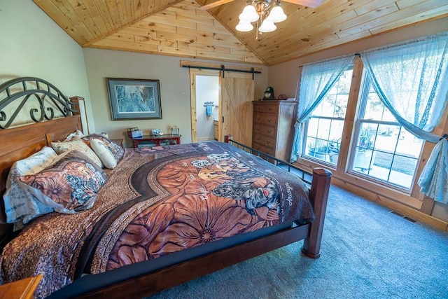 28909 E 297th St, Garden City, MO 64747 - carpeted bedroom featuring wood ceiling, a barn door, and vaulted ceiling