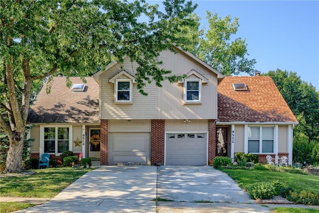 9514 W 77th Ter, Overland Park, KS 66204 - view of front of property featuring brick siding, concrete driveway, a garage, a front yard, and roof with shingles