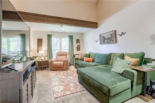 9514 W 77th Ter, Overland Park, KS 66204 - living room featuring light carpet and beam ceiling