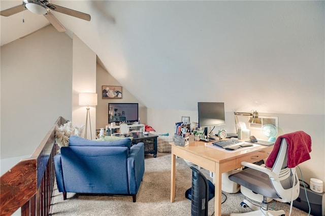 9514 W 77th Ter, Overland Park, KS 66204 - home office with light colored carpet, lofted ceiling, and a ceiling fan