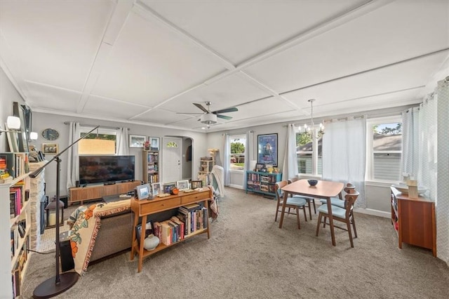 2220 N 47th St, Kansas City, KS 66104 - carpeted living area with ceiling fan, coffered ceiling, and arched walkways
