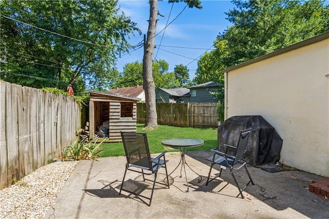 711 E 72nd Ter, Kansas City, MO 64131 - fenced backyard featuring a patio, an outdoor structure, and grilling area