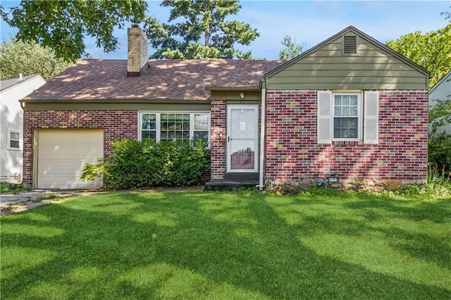 711 E 72nd Ter, Kansas City, MO 64131 - view of front of home with an attached garage, a chimney, a front lawn, and brick siding