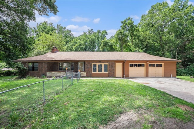 6327 Yecker Ave, Kansas City, KS 66104 - ranch-style house with an attached garage, concrete driveway, a chimney, and brick siding