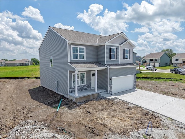 21807 Lucca Ln, Peculiar, MO 64078 - view of front of property featuring covered porch, driveway, an attached garage, a residential view, and a shingled roof