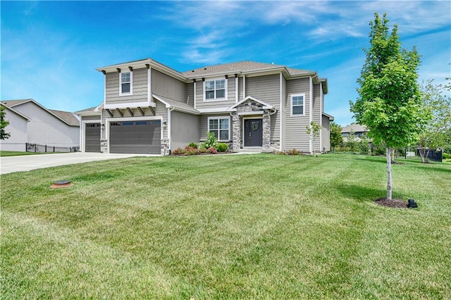 24704 W 76th St, Shawnee, KS 66227 - view of front of property with stone siding, a garage, driveway, and a front yard