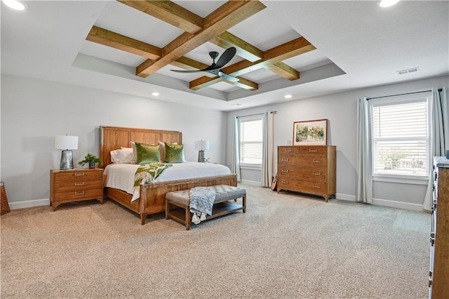 24704 W 76th St, Shawnee, KS 66227 - bedroom with coffered ceiling, recessed lighting, beamed ceiling, light carpet, and a ceiling fan