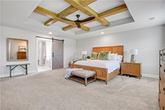 24704 W 76th St, Shawnee, KS 66227 - bedroom featuring coffered ceiling, a barn door, beamed ceiling, recessed lighting, and light carpet