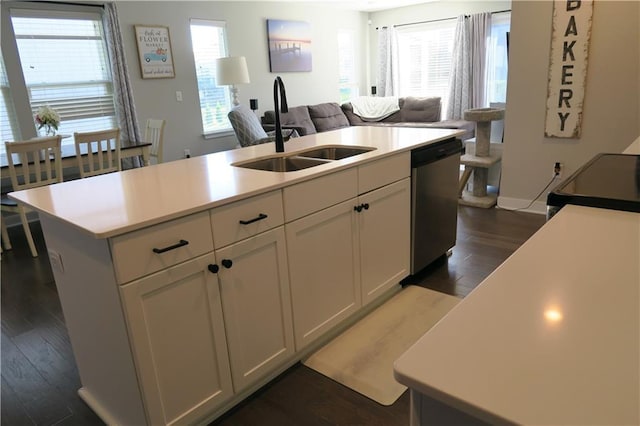 SW 8th St Unit 8819, Blue Springs, MO 64064 - kitchen featuring dishwasher, dark wood-style floors, white cabinets, and open floor plan
