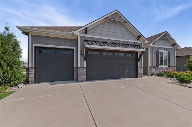 227 SW Eagles Ridge Dr, Blue Springs, MO 64014 - craftsman inspired home with stone siding, board and batten siding, driveway, an attached garage, and a shingled roof