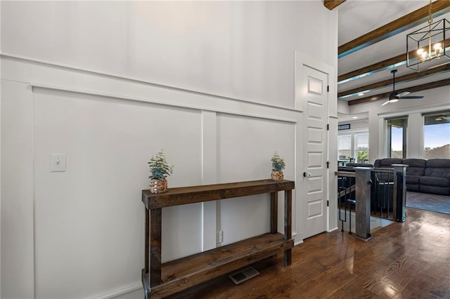 227 SW Eagles Ridge Dr, Blue Springs, MO 64014 - corridor with beamed ceiling and dark wood finished floors