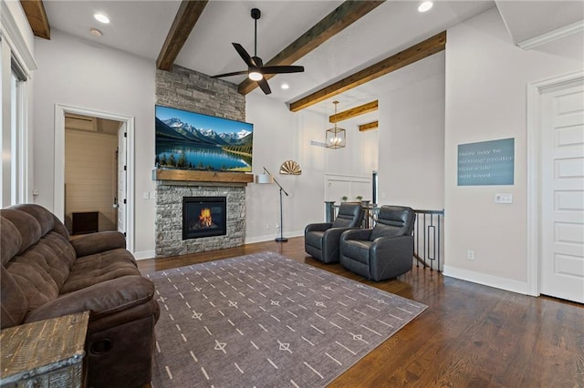 227 SW Eagles Ridge Dr, Blue Springs, MO 64014 - living room with ceiling fan, a stone fireplace, wood finished floors, beamed ceiling, and recessed lighting