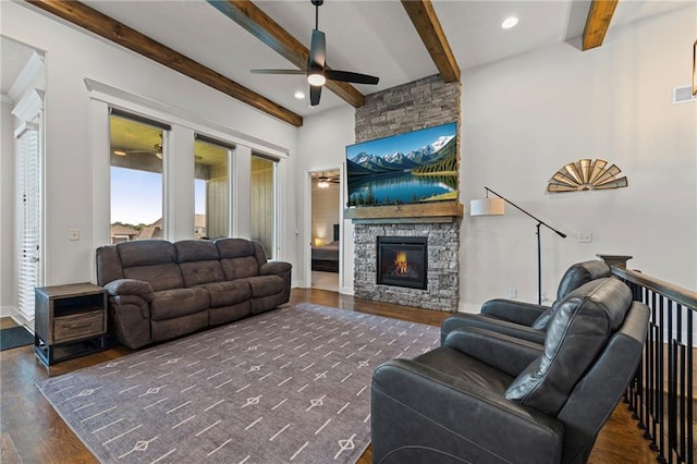 227 SW Eagles Ridge Dr, Blue Springs, MO 64014 - living room featuring a ceiling fan, a fireplace, wood finished floors, beam ceiling, and recessed lighting