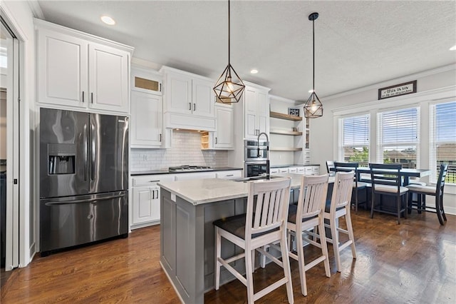 227 SW Eagles Ridge Dr, Blue Springs, MO 64014 - kitchen featuring appliances with stainless steel finishes, backsplash, recessed lighting, open shelves, and dark wood-type flooring