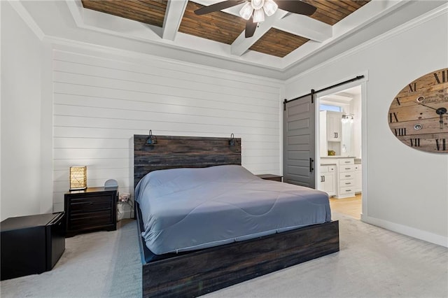 227 SW Eagles Ridge Dr, Blue Springs, MO 64014 - bedroom with a barn door, coffered ceiling, light colored carpet, a wood ceiling with exposed beams, and ensuite bath