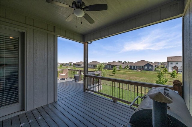 227 SW Eagles Ridge Dr, Blue Springs, MO 64014 - deck featuring a residential view, ceiling fan, a yard, and grilling area