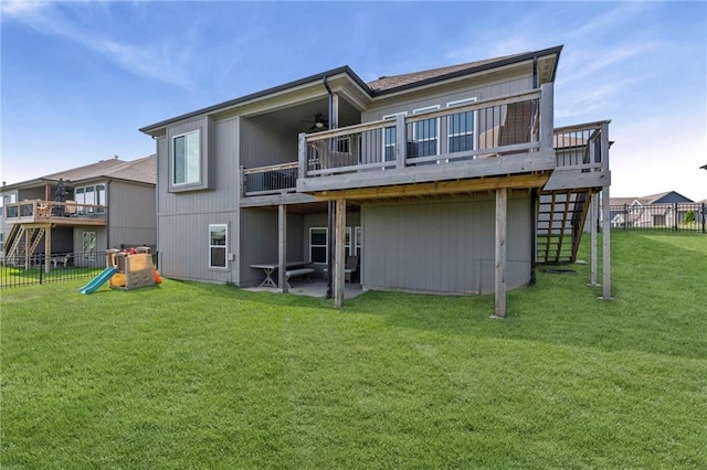 227 SW Eagles Ridge Dr, Blue Springs, MO 64014 - back of house featuring stairs, a fenced backyard, a deck, and a ceiling fan