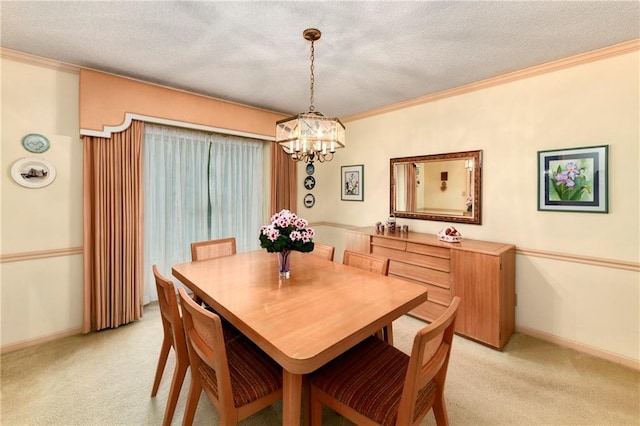 10432 Bond St, Overland Park, KS 66214 - dining area with a chandelier, light colored carpet, a textured ceiling, and crown molding