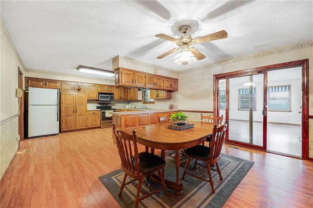 705 Ozark Short Line, Odessa, MO 64076 - dining room featuring light wood-style flooring, a textured ceiling, wainscoting, and a ceiling fan
