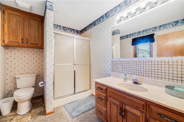 705 Ozark Short Line, Odessa, MO 64076 - bathroom with wallpapered walls, a shower stall, vanity, and a textured ceiling