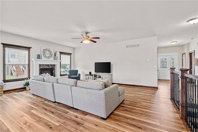 1658 Davis Cir, Eudora, KS 66025 - living room with light wood-style floors, a ceiling fan, a fireplace, healthy amount of natural light, and a textured ceiling