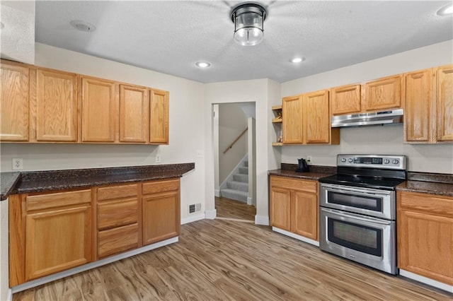 1004 SW Twilight Ln, Blue Springs, MO 64015 - kitchen featuring double oven range, under cabinet range hood, light wood-style floors, open shelves, and recessed lighting