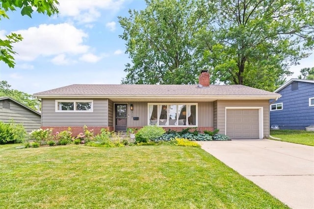 4717 W 76th St, Prairie Village, KS 66208 - single story home featuring a garage, brick siding, a chimney, and a front lawn